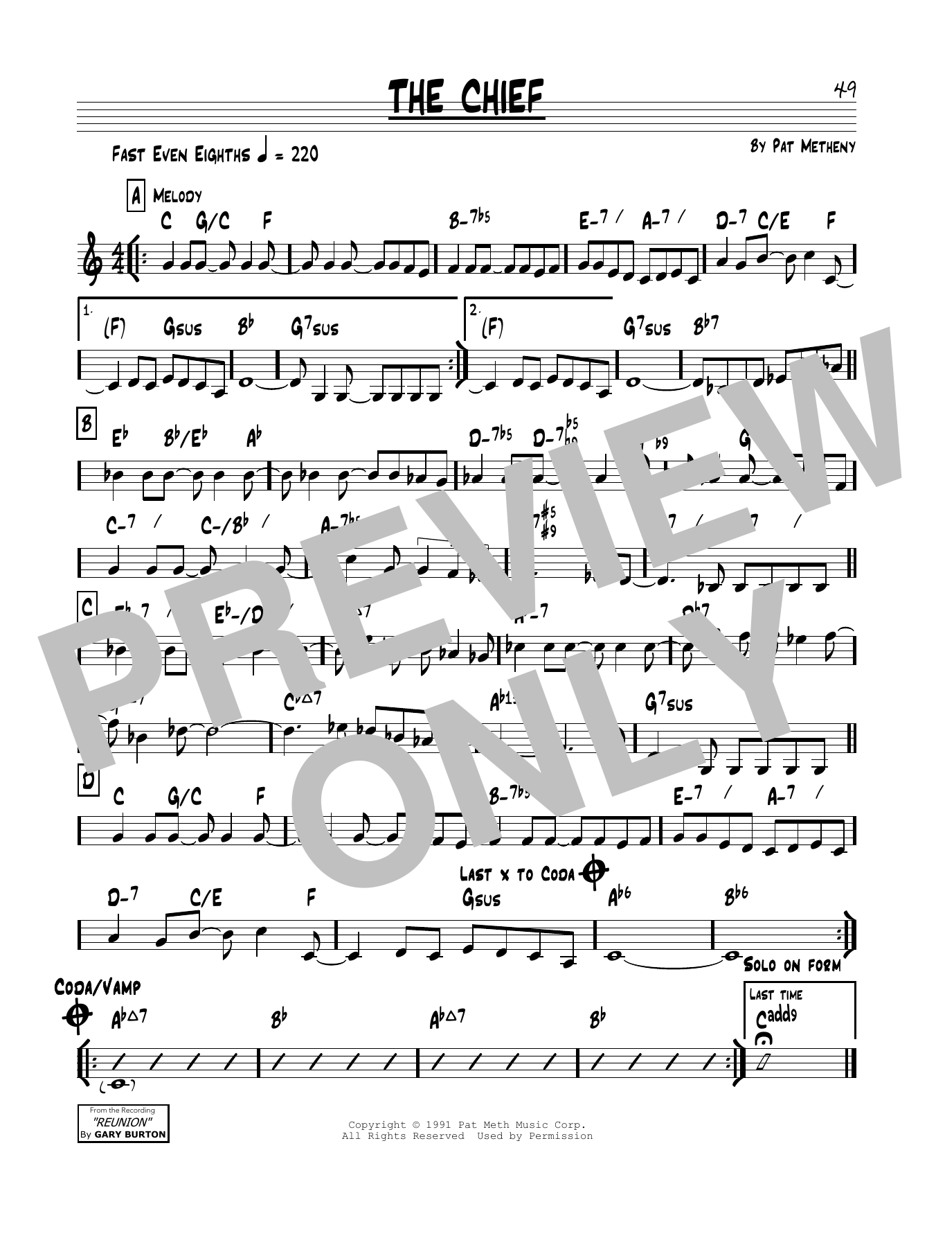Download Pat Metheny The Chief Sheet Music and learn how to play Real Book – Melody & Chords PDF digital score in minutes