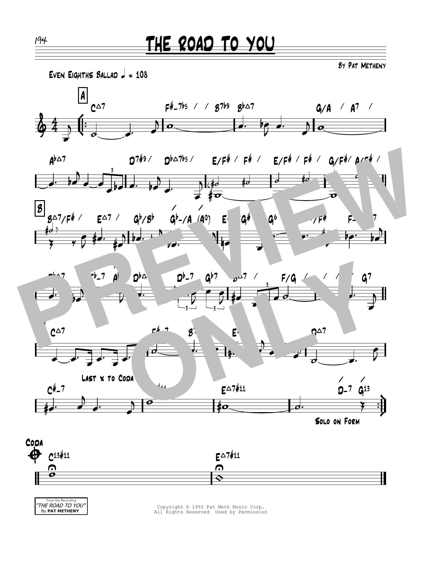 Download Pat Metheny The Road To You Sheet Music and learn how to play Piano Solo PDF digital score in minutes