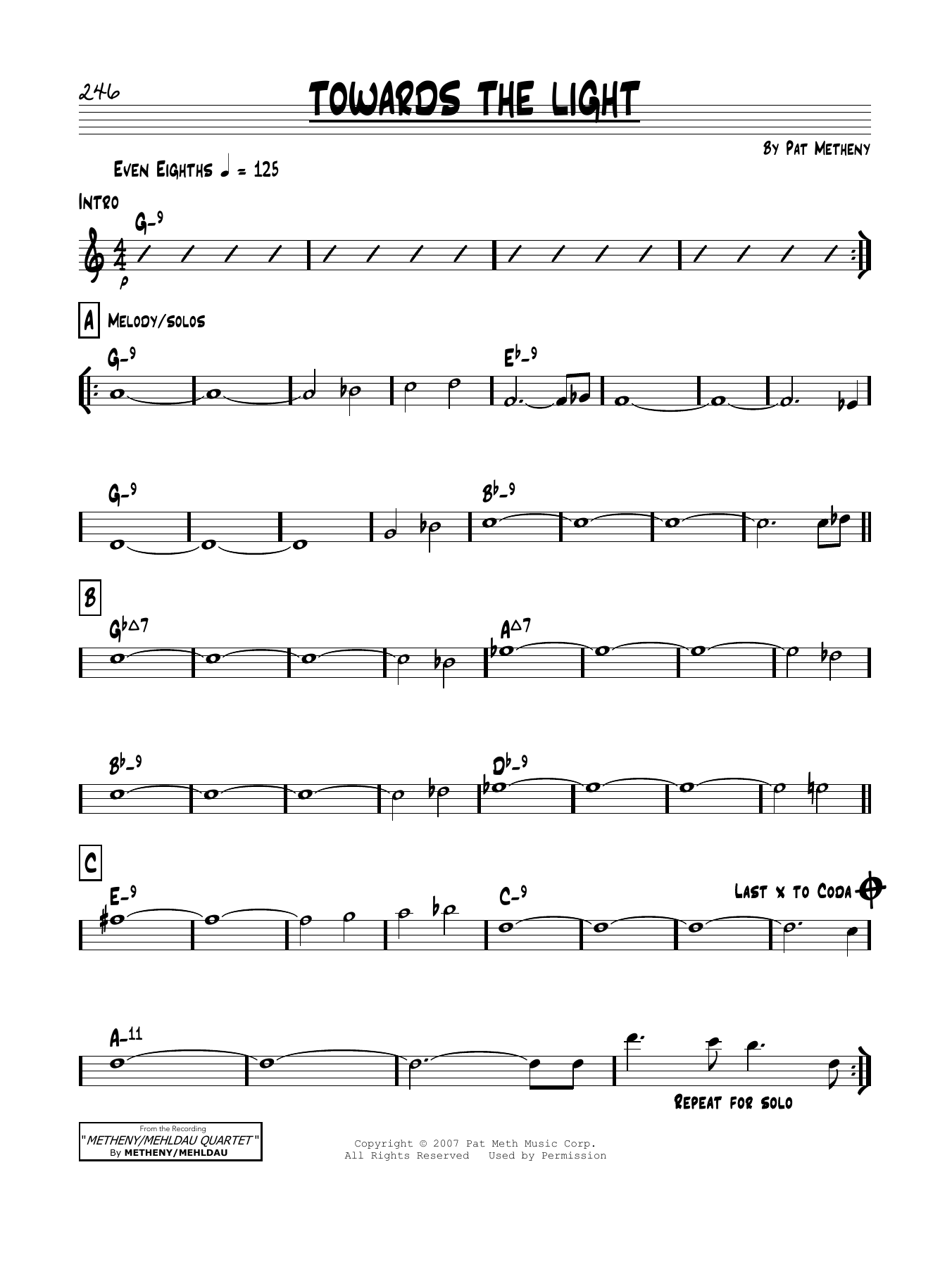 Download Pat Metheny Towards The Light Sheet Music and learn how to play Real Book – Melody & Chords PDF digital score in minutes
