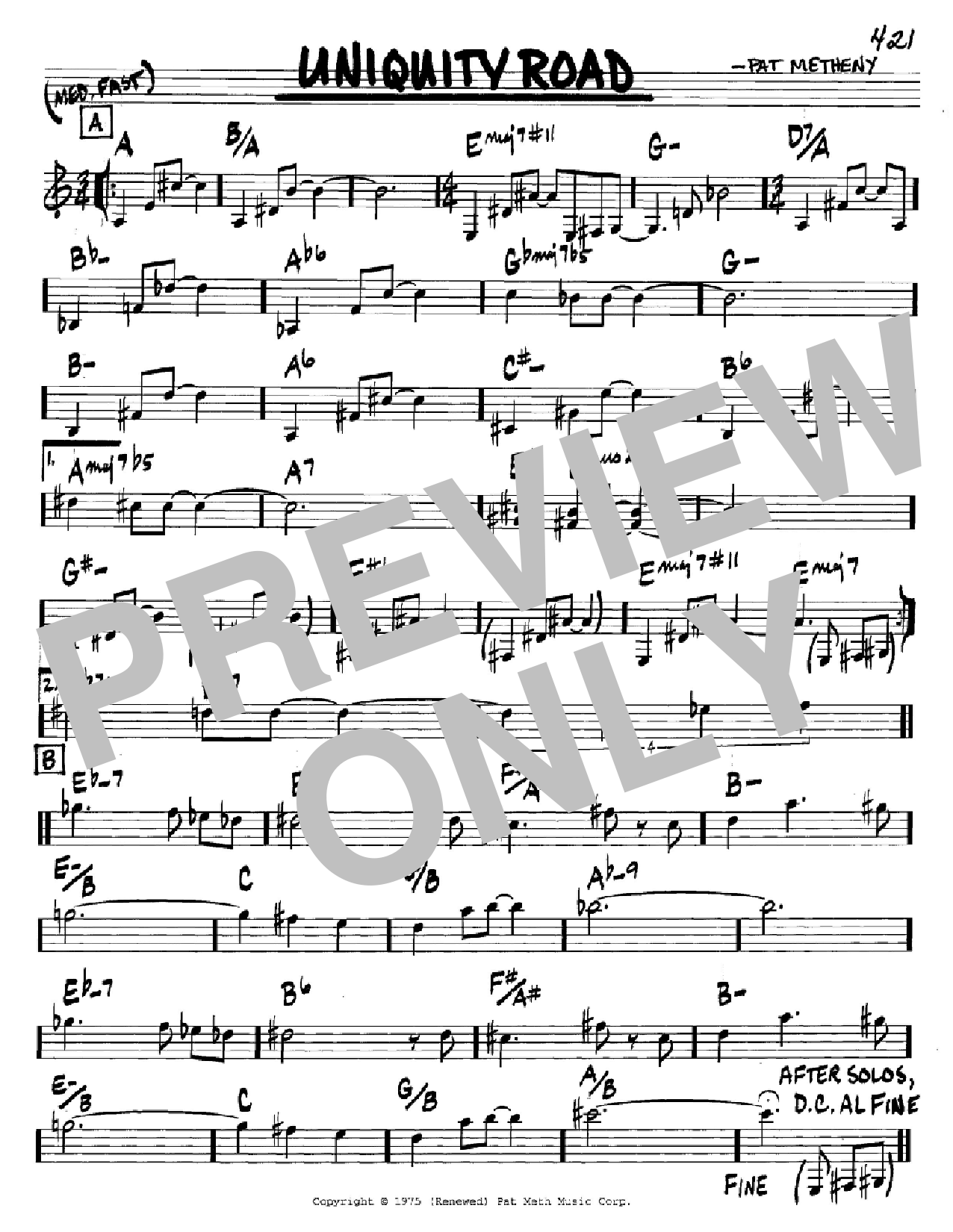 Download Pat Metheny Uniquity Road Sheet Music and learn how to play Real Book - Melody & Chords - C Instruments PDF digital score in minutes