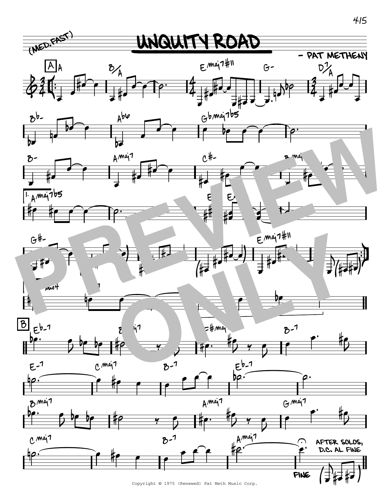 Download Pat Metheny Unquity Road [Reharmonized version] (arr. Jack Grassel) Sheet Music and learn how to play Real Book – Melody & Chords PDF digital score in minutes
