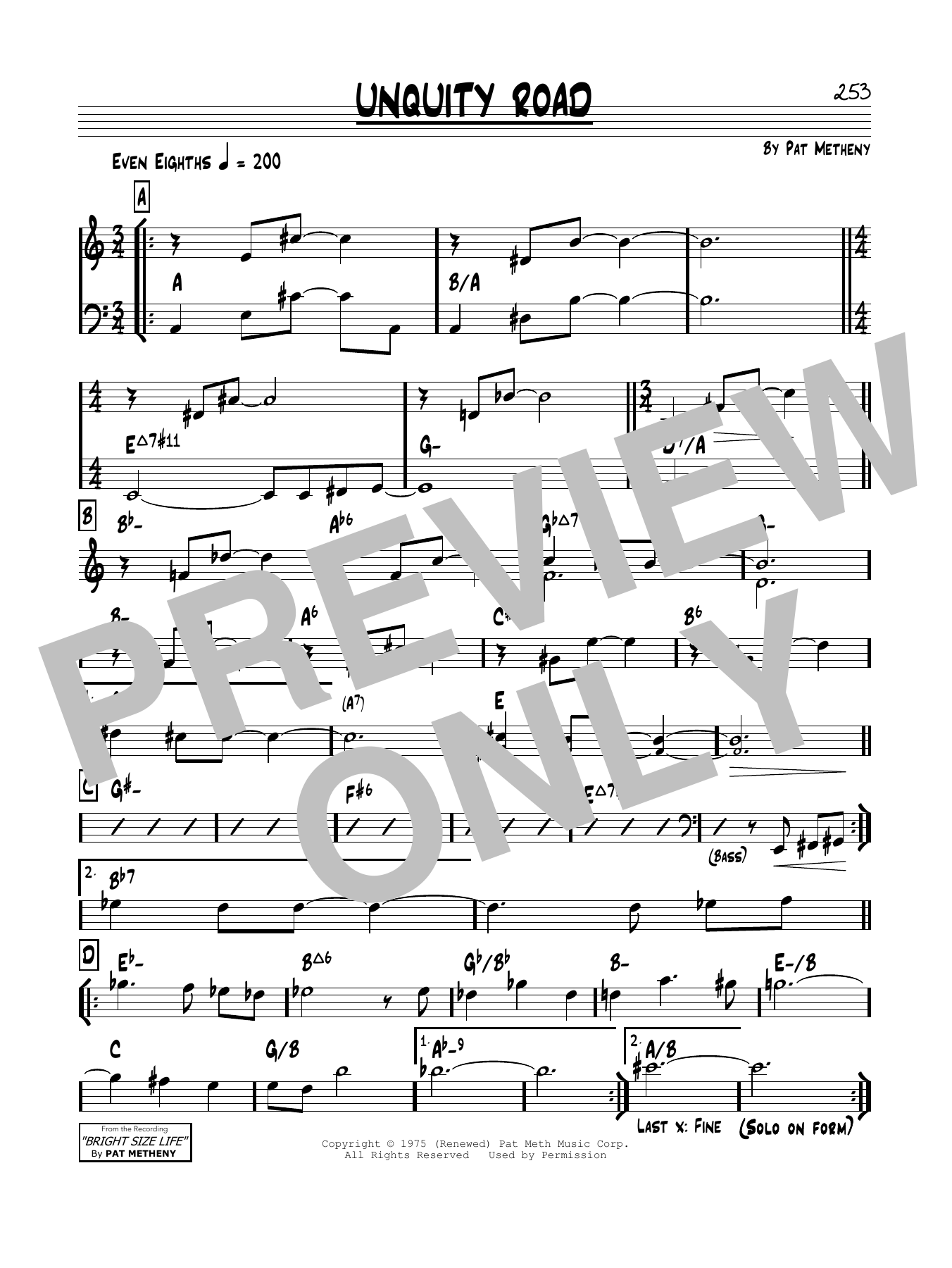 Download Pat Metheny Unquity Road Sheet Music and learn how to play Real Book – Melody & Chords PDF digital score in minutes