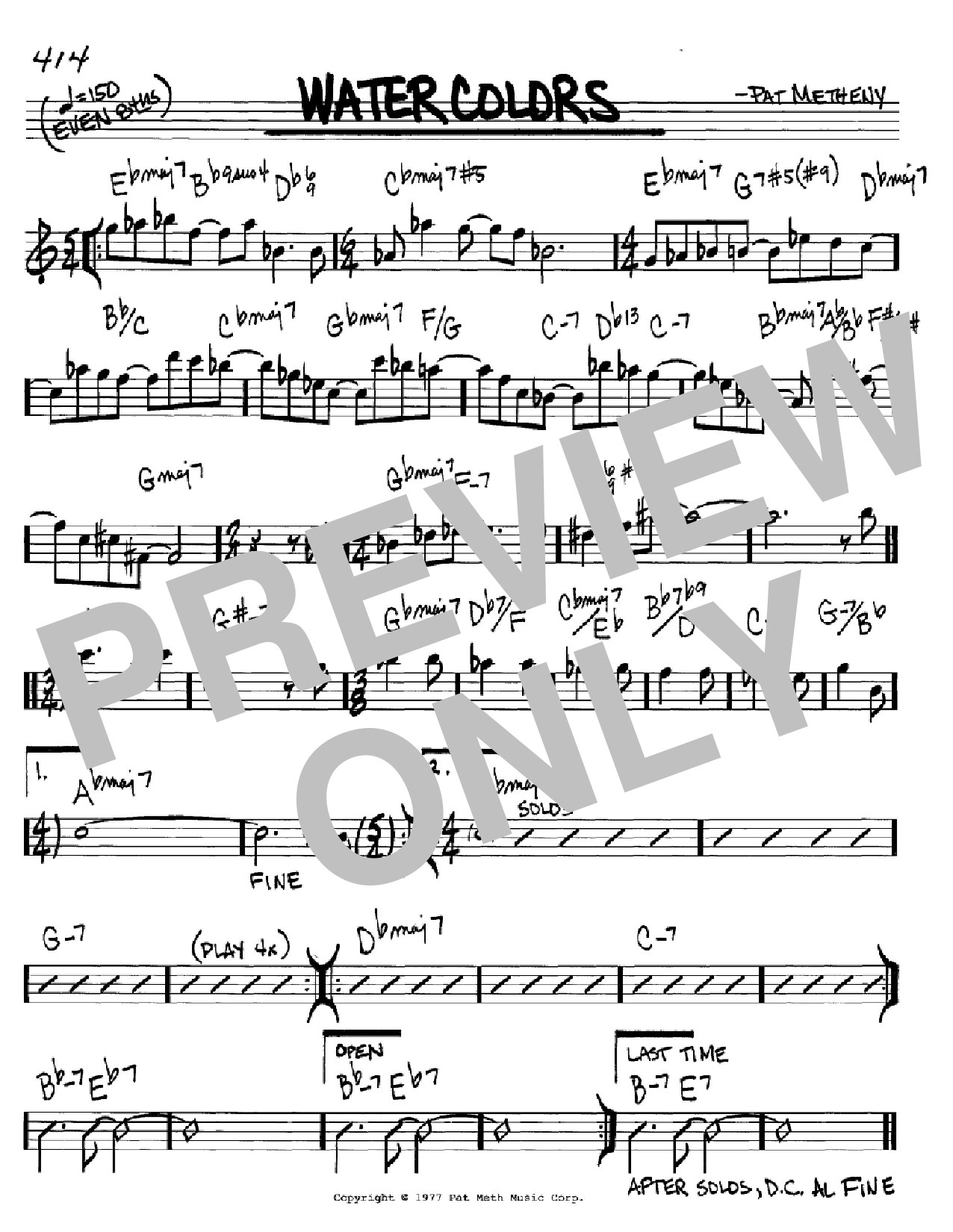 Download Pat Metheny Watercolors Sheet Music and learn how to play Real Book – Melody & Chords PDF digital score in minutes