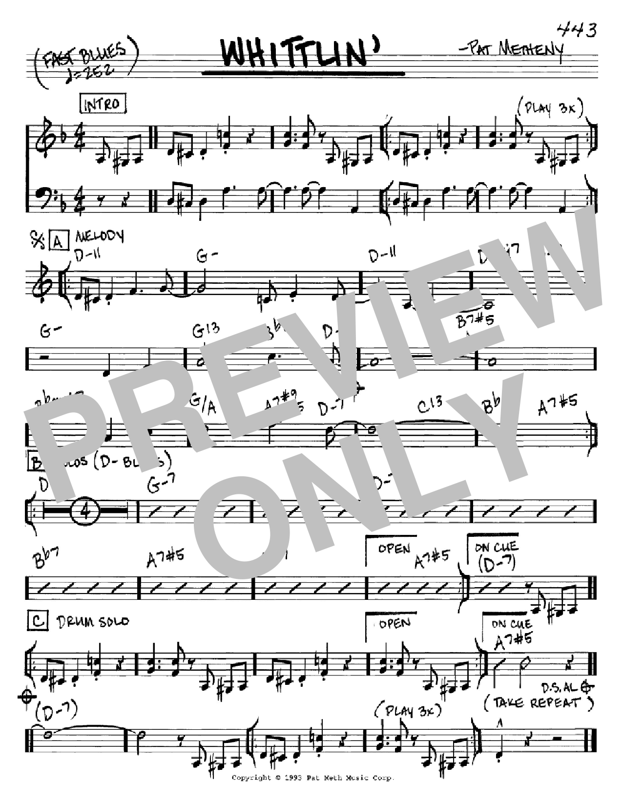Download Pat Metheny Whittlin' Sheet Music and learn how to play Real Book – Melody & Chords PDF digital score in minutes