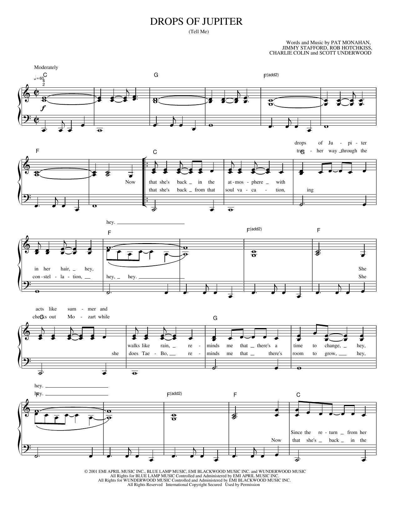 Download Pat Monhan Drops of Jupiter Sheet Music and learn how to play Piano, Vocal & Guitar Chords (Right-Hand Melody) PDF digital score in minutes