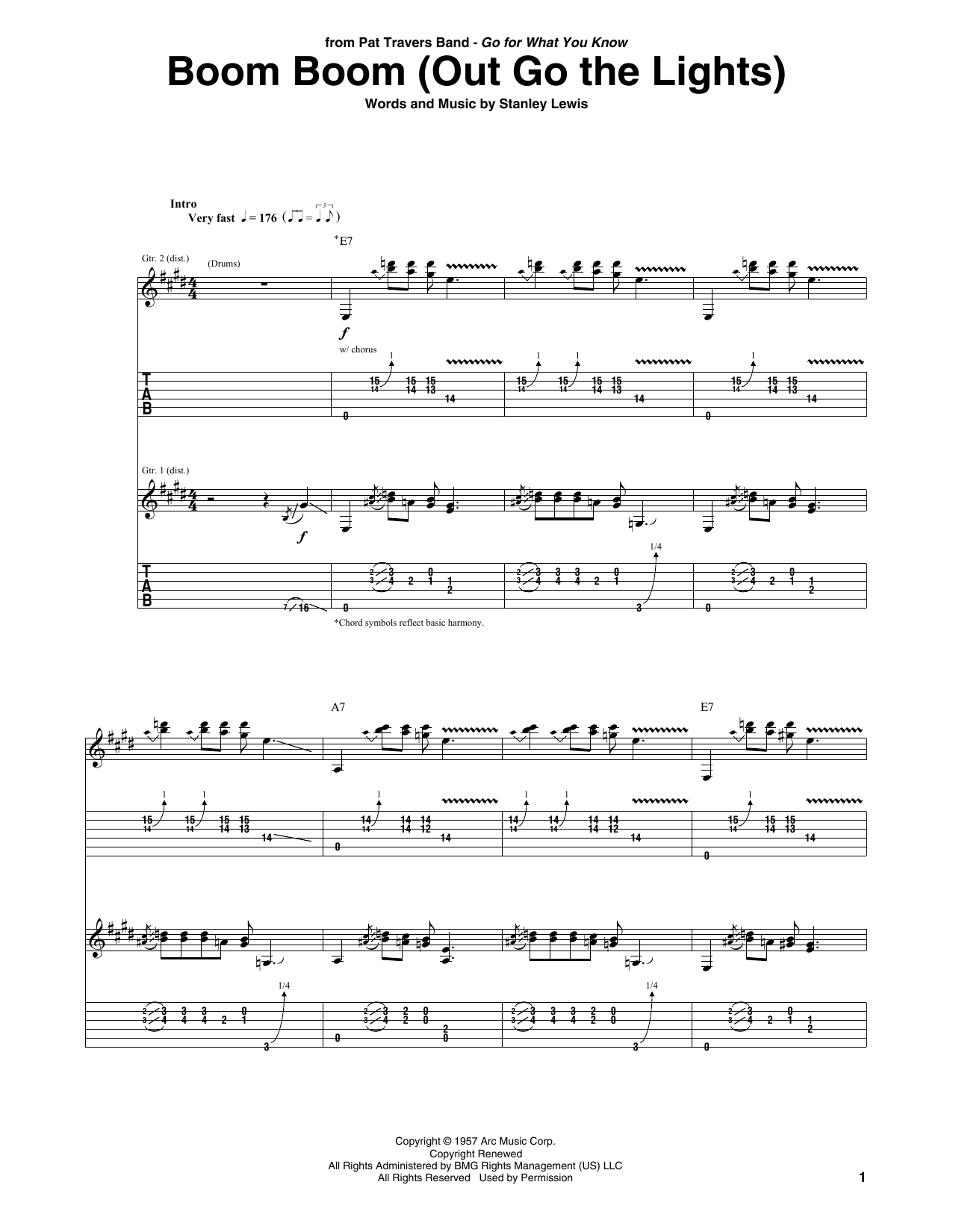 Download Pat Travers Boom Boom (Out Go The Lights) Sheet Music and learn how to play Guitar Tab PDF digital score in minutes