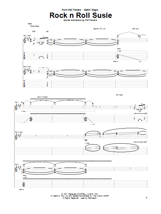Download Pat Travers Rock N Roll Susie Sheet Music and learn how to play Guitar Tab PDF digital score in minutes