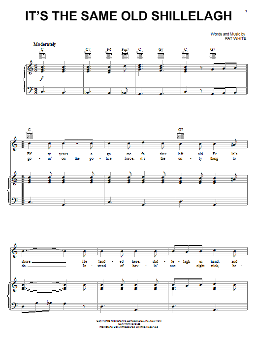 Download Pat White It's The Same Old Shillelagh Sheet Music and learn how to play Piano, Vocal & Guitar (Right-Hand Melody) PDF digital score in minutes