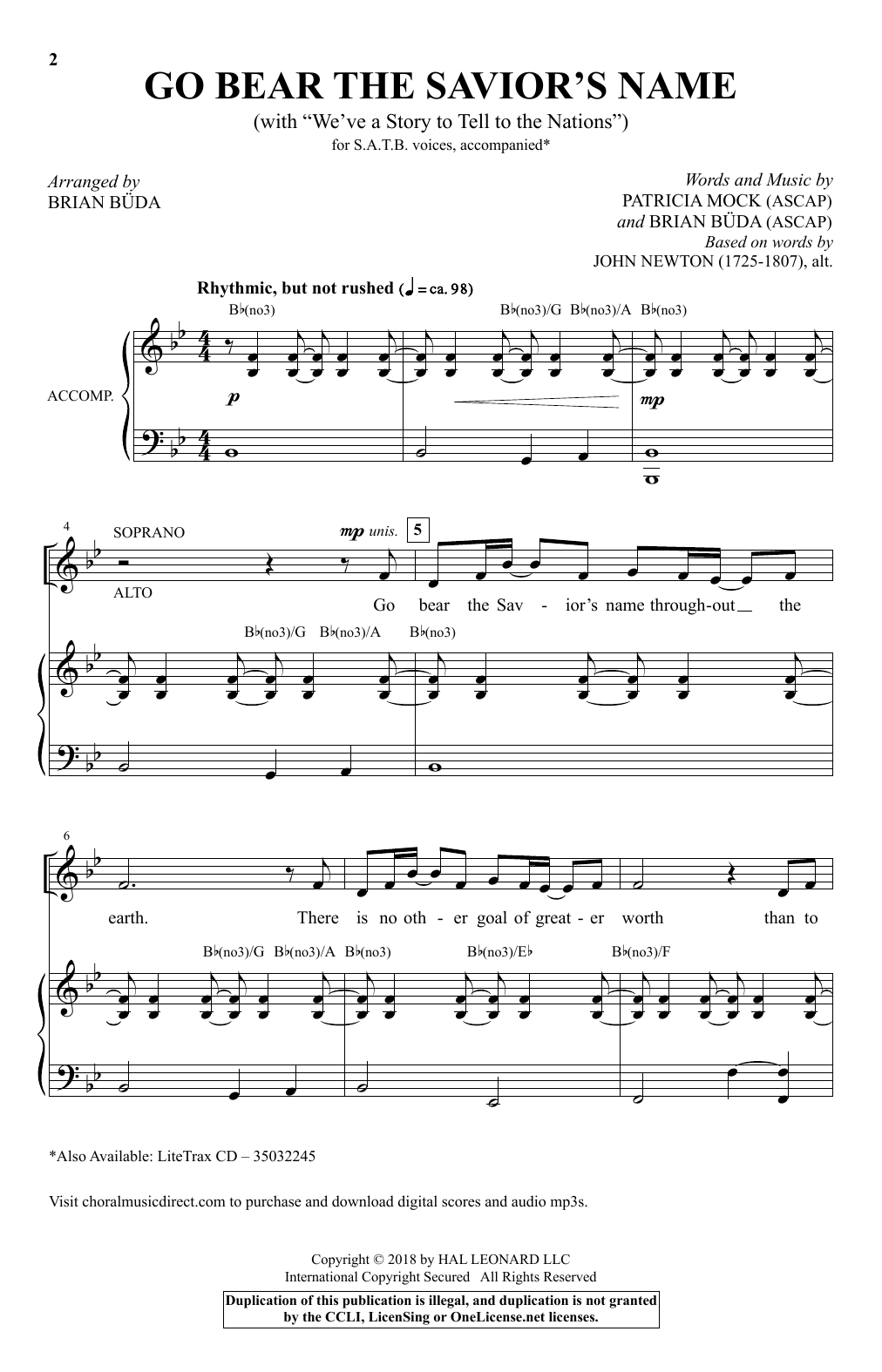 Download Patricia Mock & Brian Buda Go Bear The Savior's Name (With We've A Story To Tell) (arr. Brian Buda) Sheet Music and learn how to play SATB Choir PDF digital score in minutes