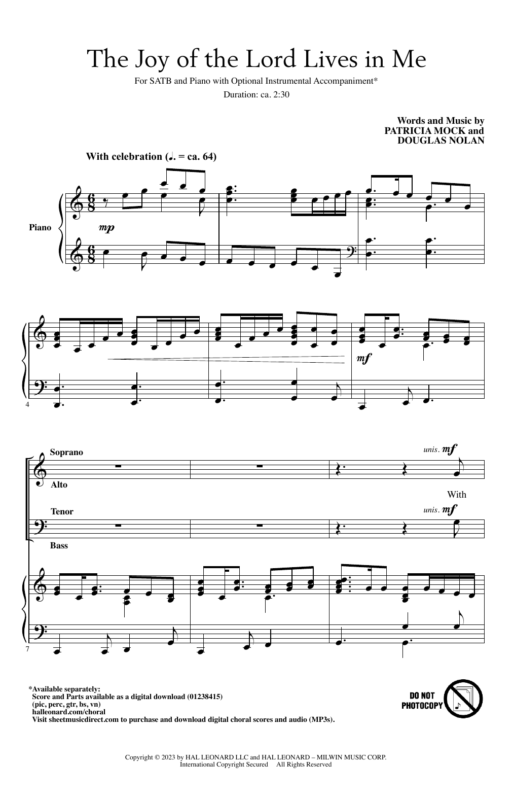 Download Patricia Mock and Douglas Nolan The Joy Of The Lord Lives In Me Sheet Music and learn how to play SATB Choir PDF digital score in minutes