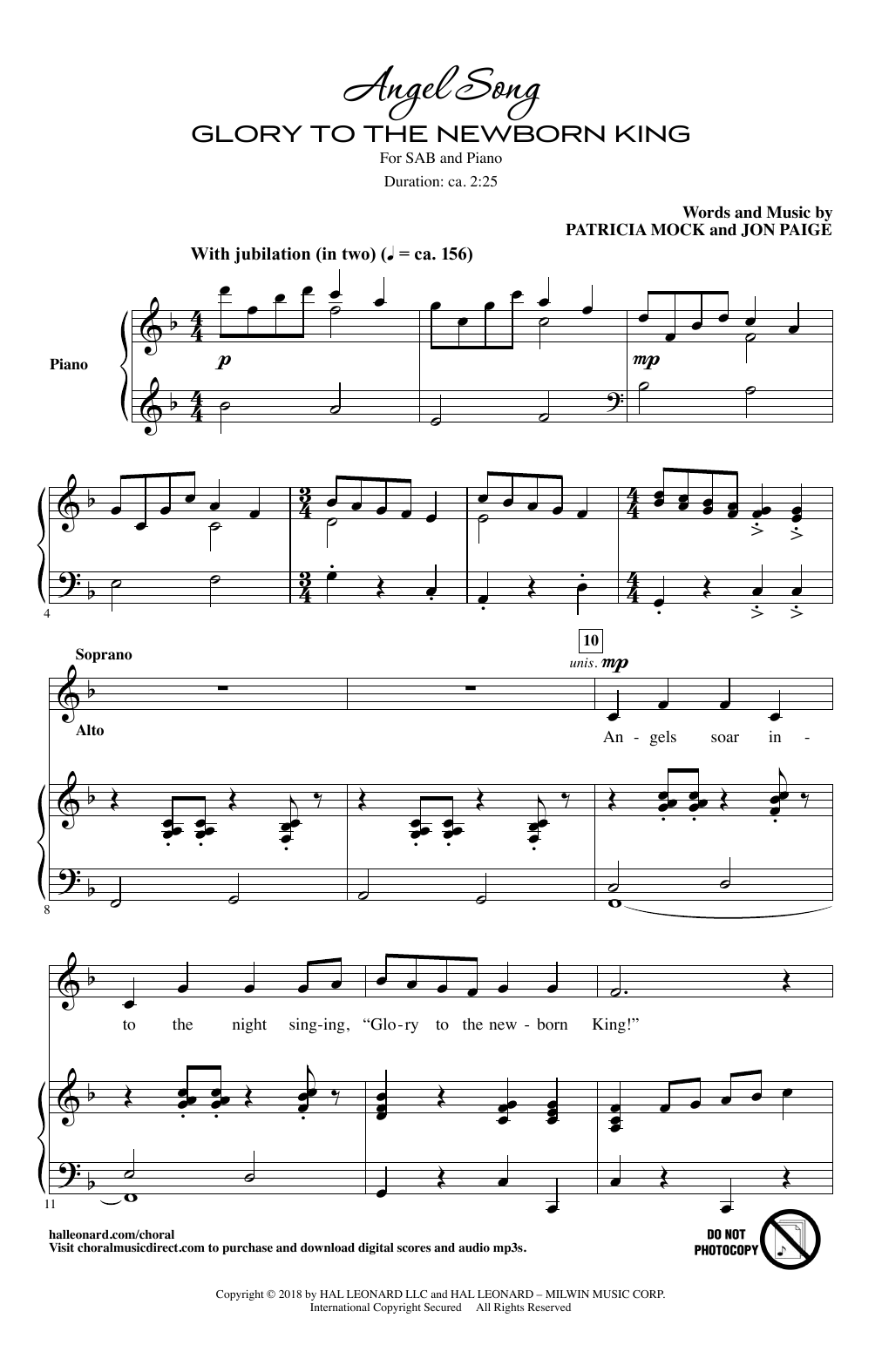 Download Patricia Mock Angel Song (Glory To The Newborn King) Sheet Music and learn how to play SAB PDF digital score in minutes