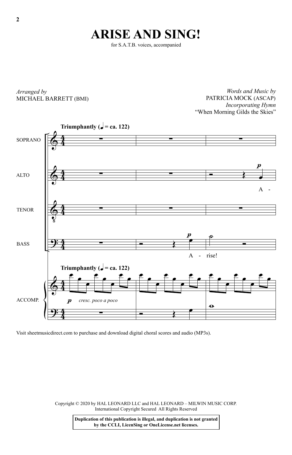 Download Patricia Mock Arise And Sing (arr. Michael Barrett) Sheet Music and learn how to play SATB Choir PDF digital score in minutes