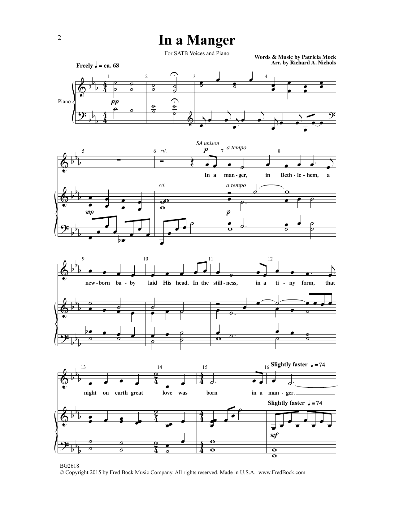 Download Patricia Mock In A Manger (arr. Richard A. Nichols) Sheet Music and learn how to play SATB Choir PDF digital score in minutes