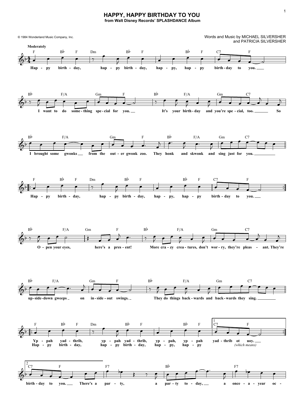 Download Patricia Silversher Happy, Happy Birthday To You Sheet Music and learn how to play Melody Line, Lyrics & Chords PDF digital score in minutes