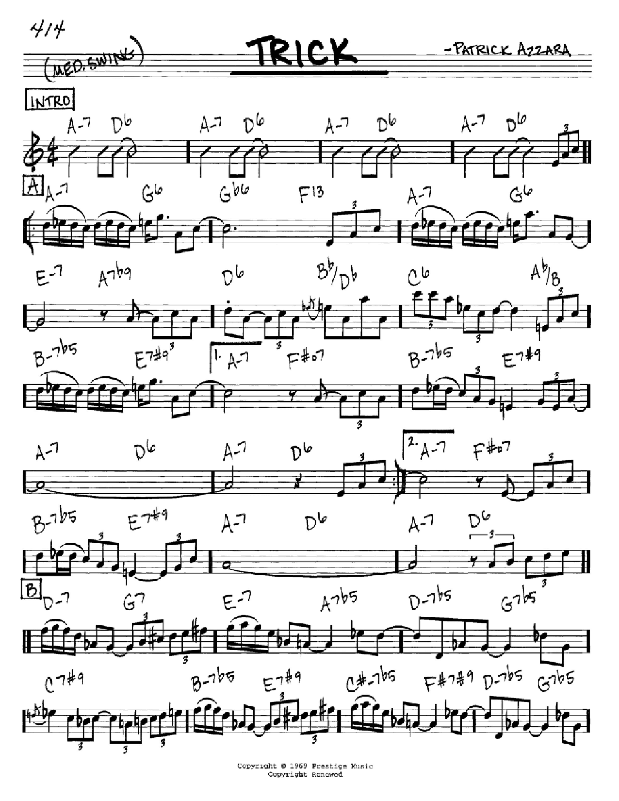 Download Patrick Azzara Trick Sheet Music and learn how to play Real Book - Melody & Chords - C Instruments PDF digital score in minutes