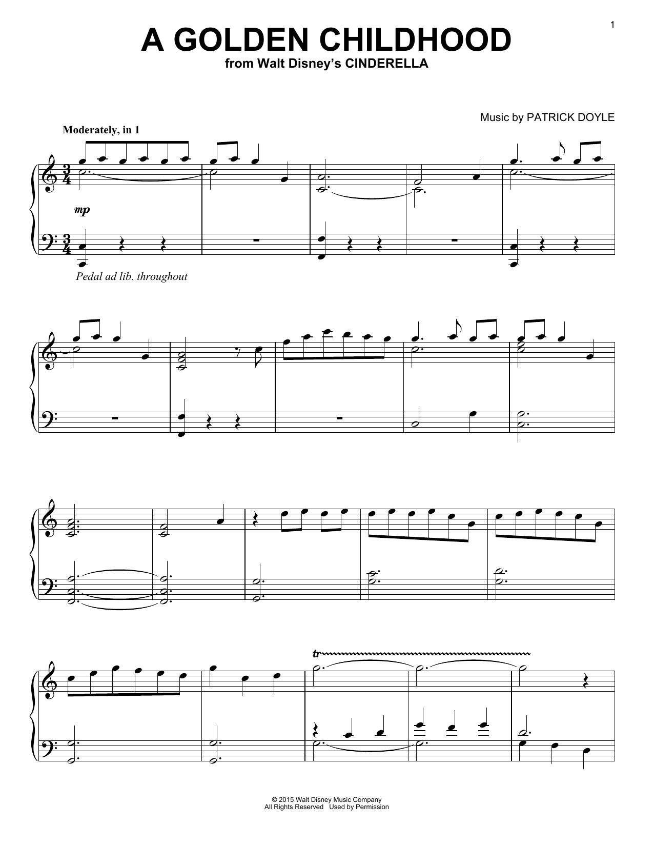 Download Patrick Doyle A Golden Childhood (from Walt Disney's Cinderella) Sheet Music and learn how to play Piano PDF digital score in minutes