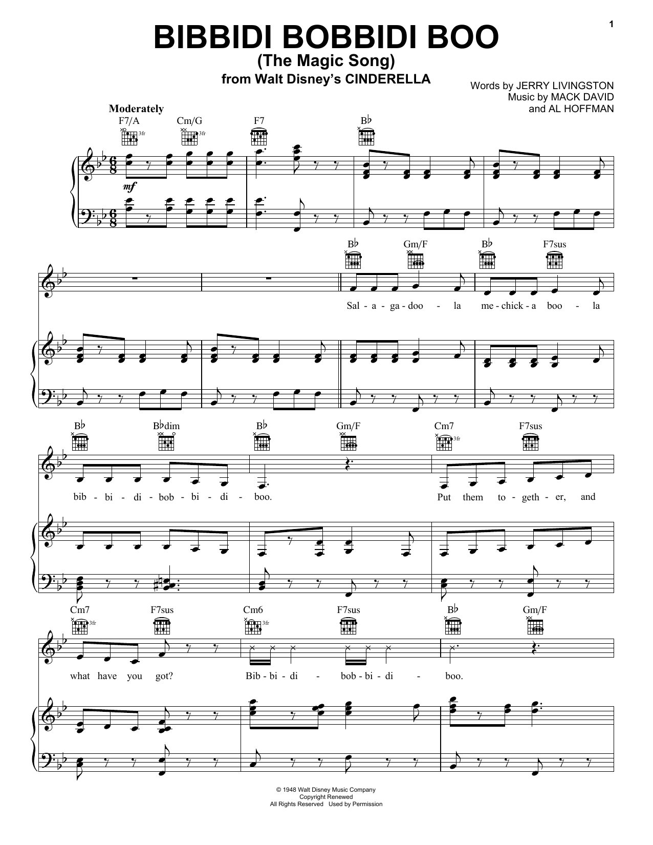 Download Verna Felton Bibbidi-Bobbidi-Boo (The Magic Song) Sheet Music and learn how to play Easy Piano PDF digital score in minutes