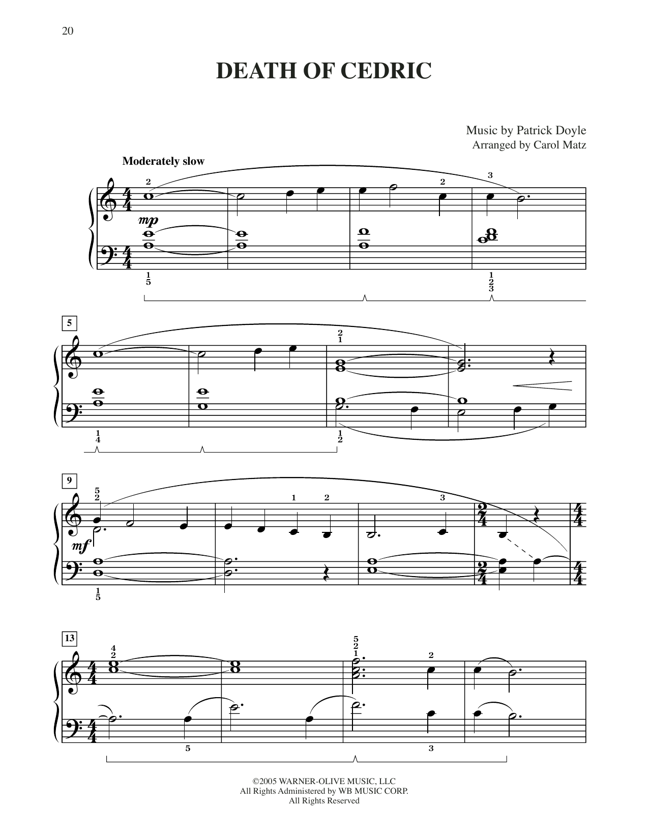 Download Patrick Doyle Death Of Cedric (from Harry Potter) (arr. Carol Matz) Sheet Music and learn how to play Big Note Piano PDF digital score in minutes