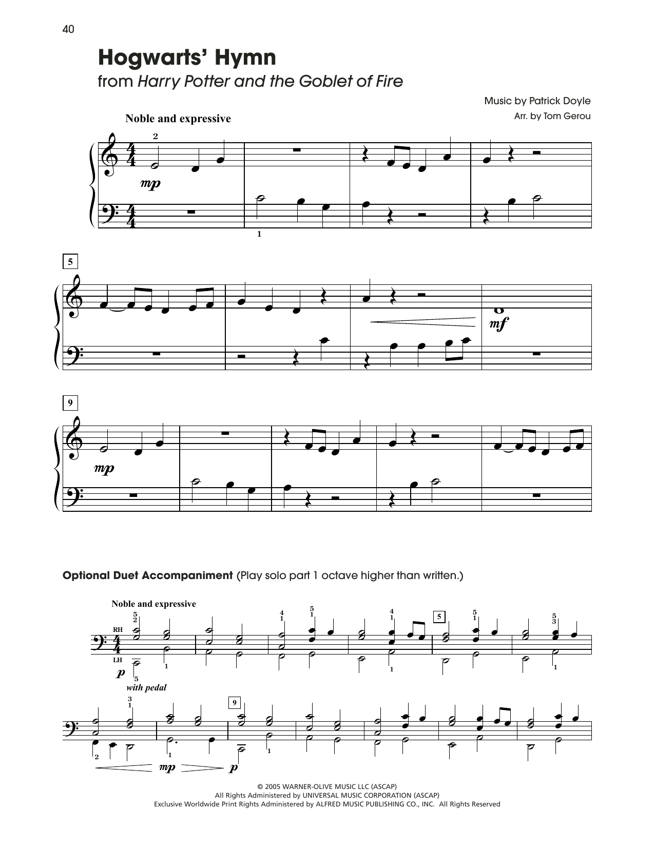 Download Patrick Doyle Hogwarts' Hymn (from Harry Potter) (arr. Tom Gerou) Sheet Music and learn how to play 5-Finger Piano PDF digital score in minutes