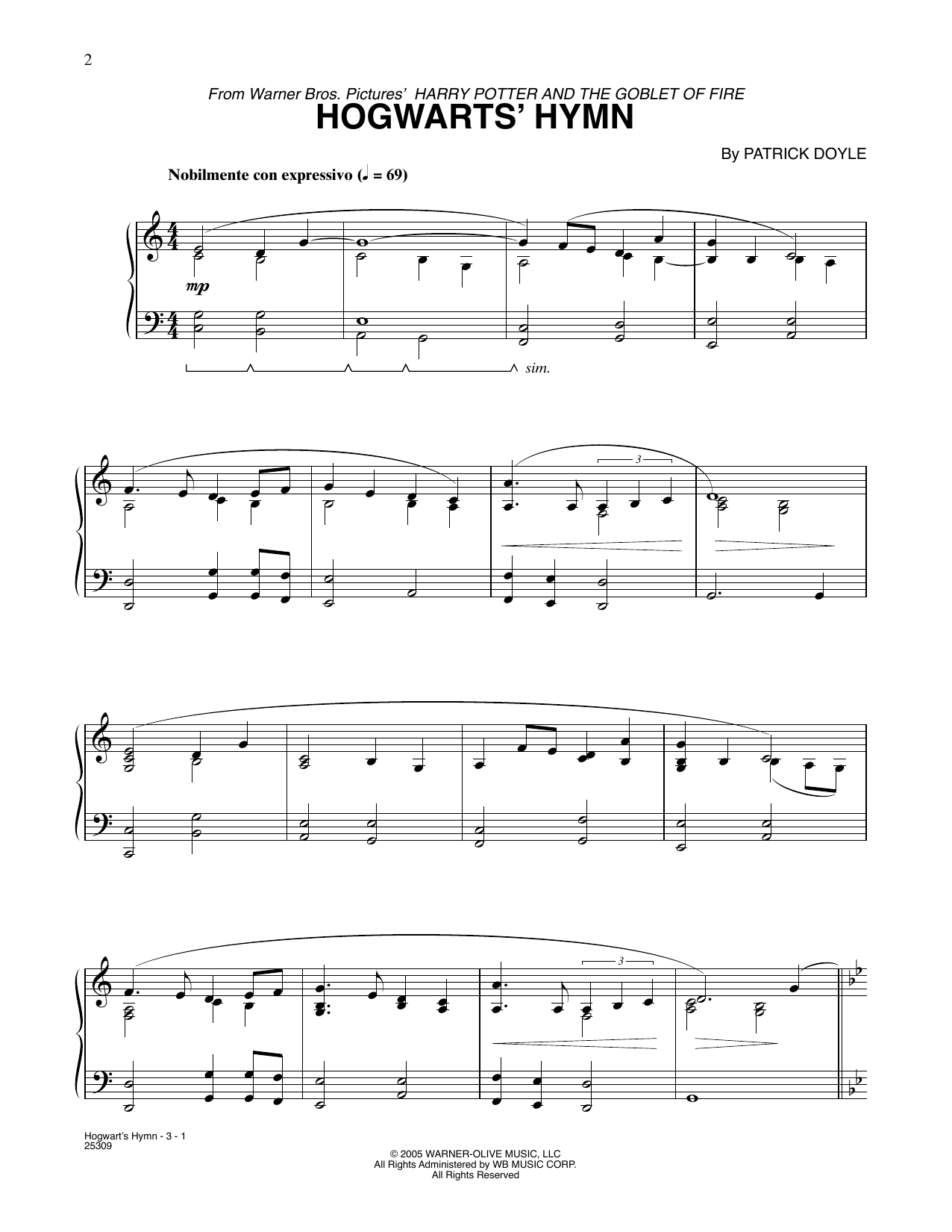 Download Patrick Doyle Hogwarts' Hymn (from Harry Potter) Sheet Music and learn how to play Piano Solo PDF digital score in minutes