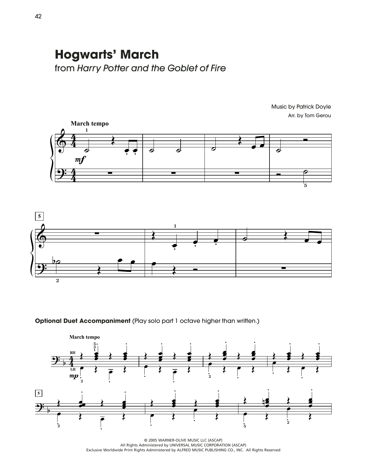 Download Patrick Doyle Hogwarts' March (from Harry Potter) (arr. Tom Gerou) Sheet Music and learn how to play 5-Finger Piano PDF digital score in minutes