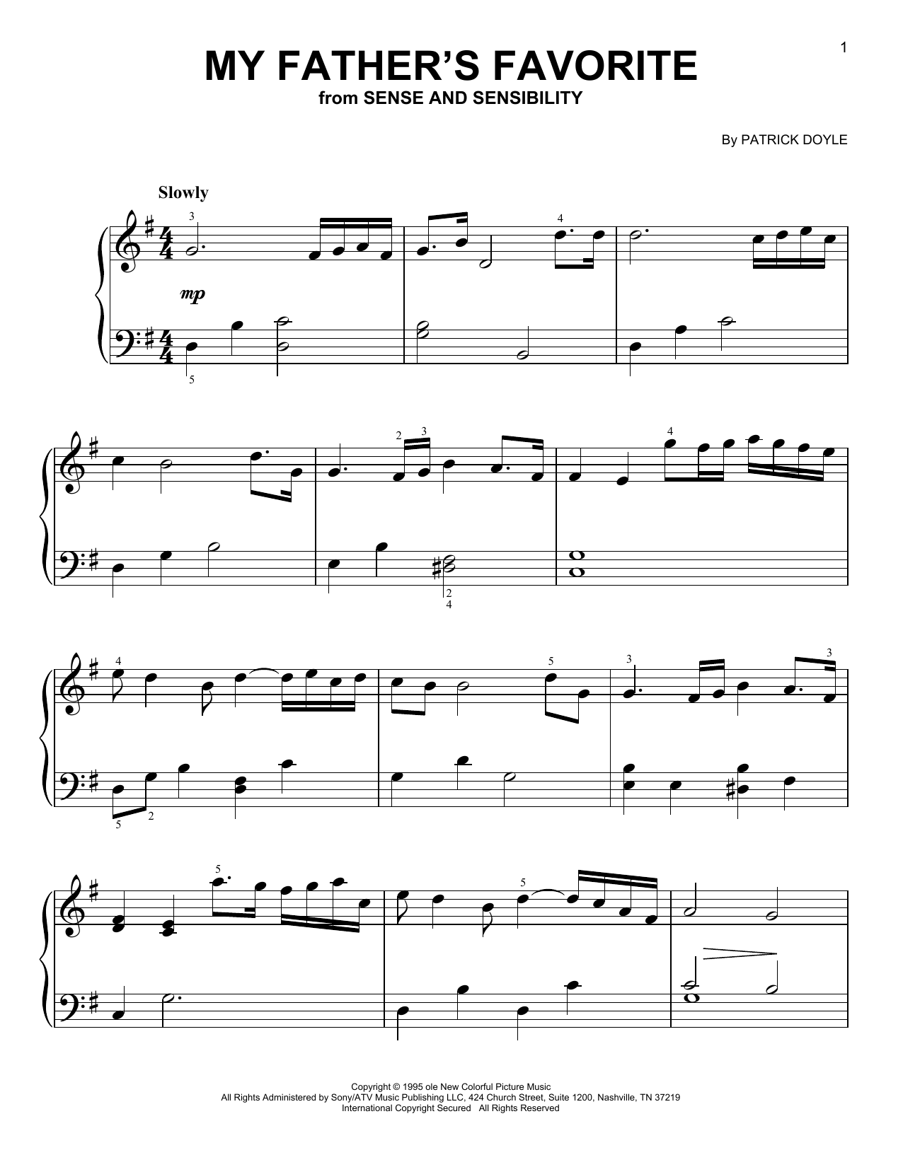 Download Patrick Doyle My Father's Favorite (from Sense and Sensibility) Sheet Music and learn how to play Very Easy Piano PDF digital score in minutes