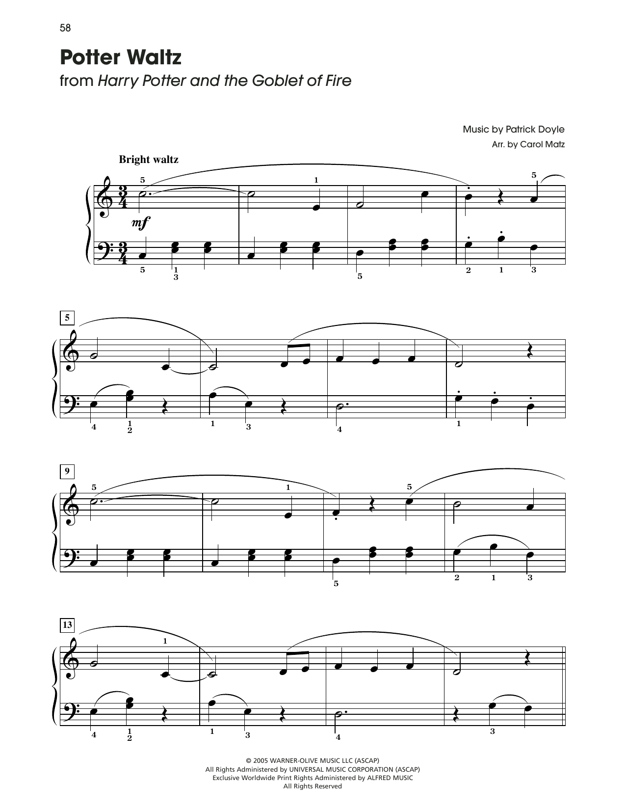 Download Patrick Doyle Potter Waltz (from Harry Potter) (arr. Carol Matz) Sheet Music and learn how to play Big Note Piano PDF digital score in minutes