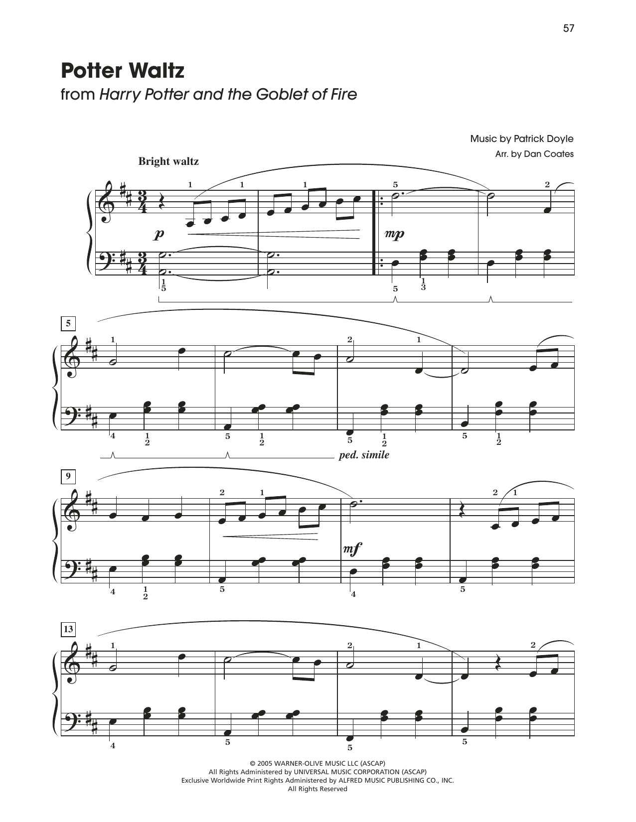 Download Patrick Doyle Potter Waltz (from Harry Potter) (arr. Dan Coates) Sheet Music and learn how to play Easy Piano PDF digital score in minutes