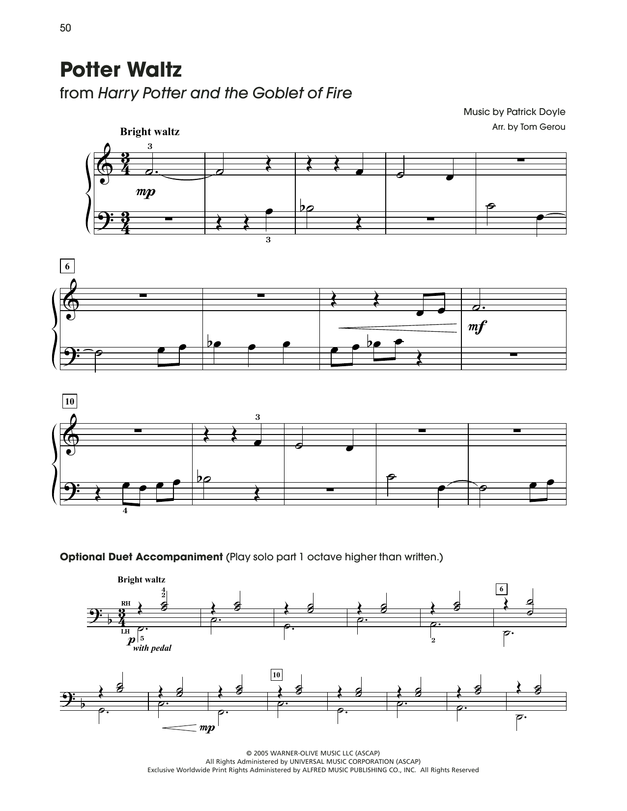 Download Patrick Doyle Potter Waltz (from Harry Potter) (arr. Tom Gerou) Sheet Music and learn how to play 5-Finger Piano PDF digital score in minutes