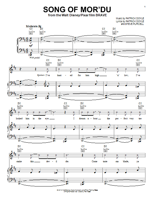 Download Patrick Doyle Song Of Mor'Du Sheet Music and learn how to play Piano, Vocal & Guitar (Right-Hand Melody) PDF digital score in minutes