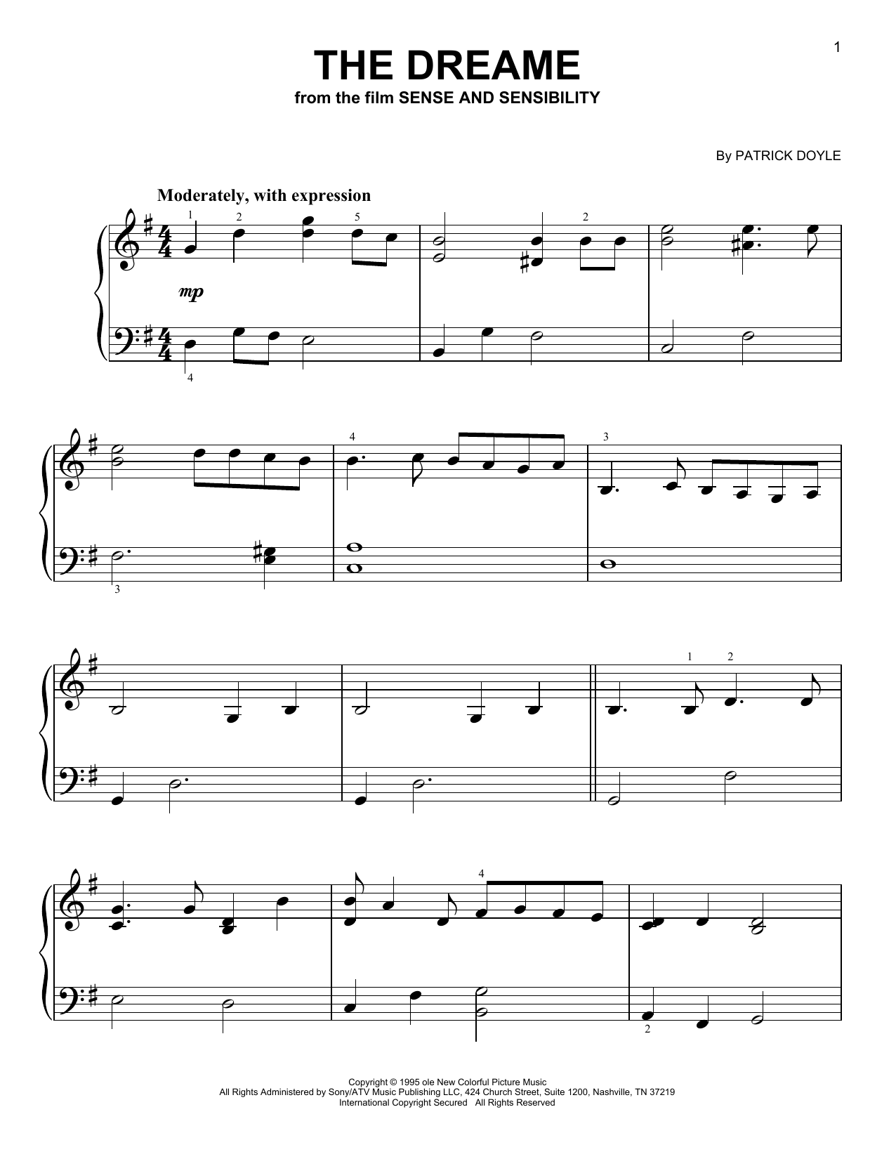 Download Patrick Doyle The Dreame (from Sense and Sensibility) Sheet Music and learn how to play Very Easy Piano PDF digital score in minutes