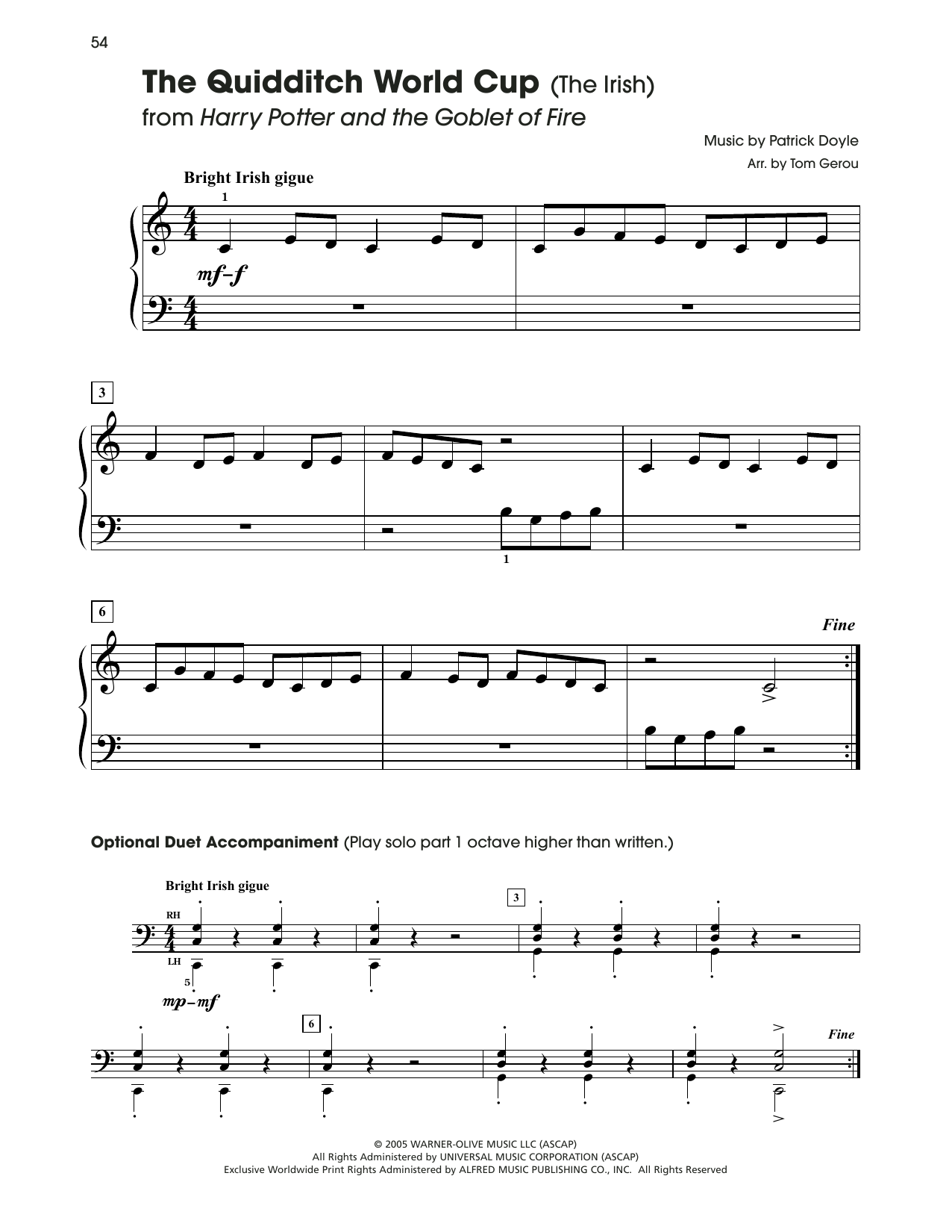 Download Patrick Doyle The Quidditch World Cup (from Harry Potter) (arr. Tom Gerou) Sheet Music and learn how to play 5-Finger Piano PDF digital score in minutes