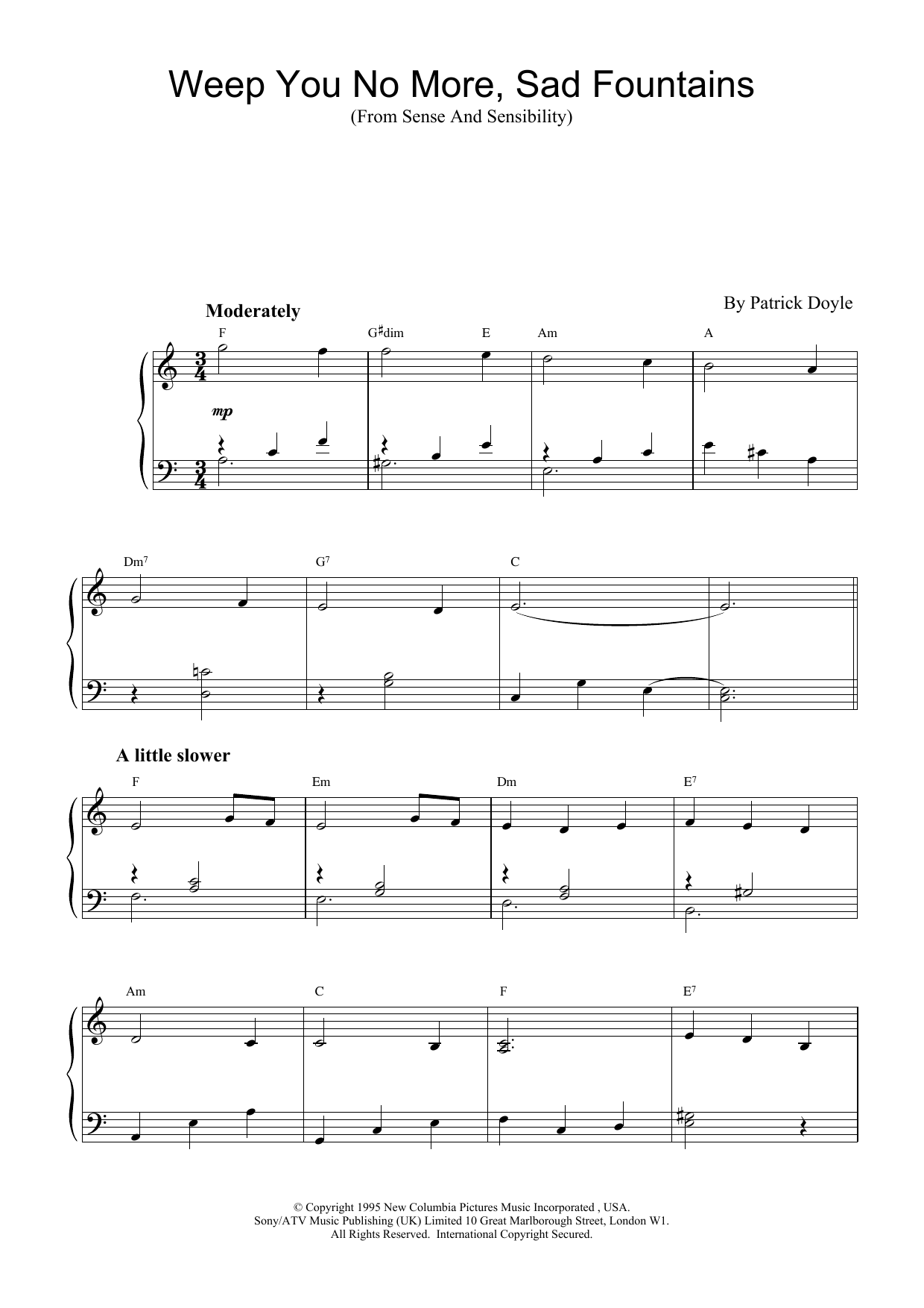 Download Patrick Doyle Weep You No More, Sad Fountains (from Sense And Sensibility) Sheet Music and learn how to play Piano PDF digital score in minutes