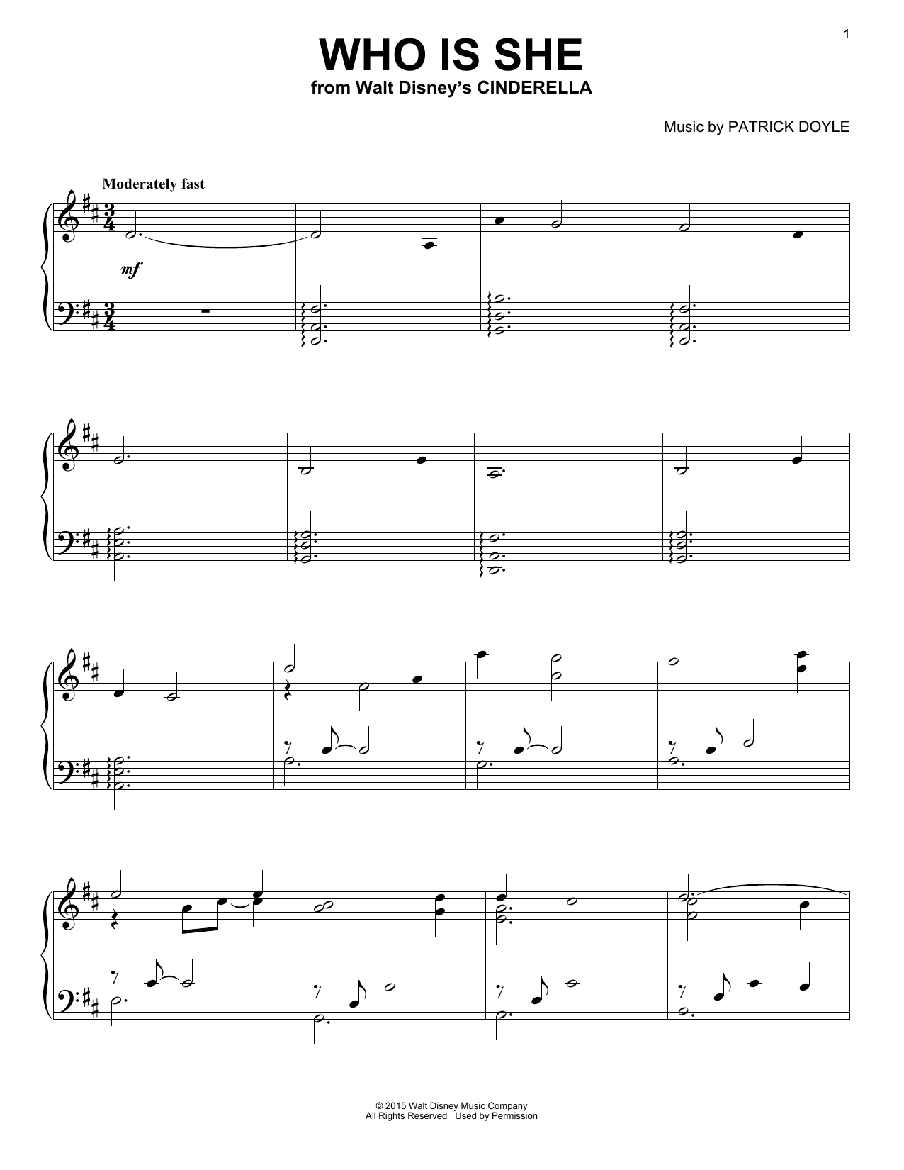 Download Patrick Doyle Who Is She (from Walt Disney's Cinderella) Sheet Music and learn how to play Piano PDF digital score in minutes