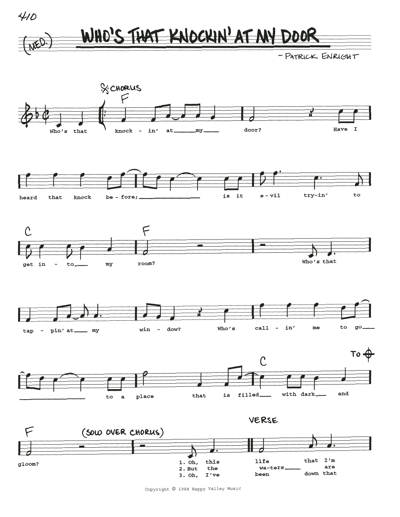 Download Patrick Enright Who's That Knockin' At My Door Sheet Music and learn how to play Real Book – Melody, Lyrics & Chords PDF digital score in minutes