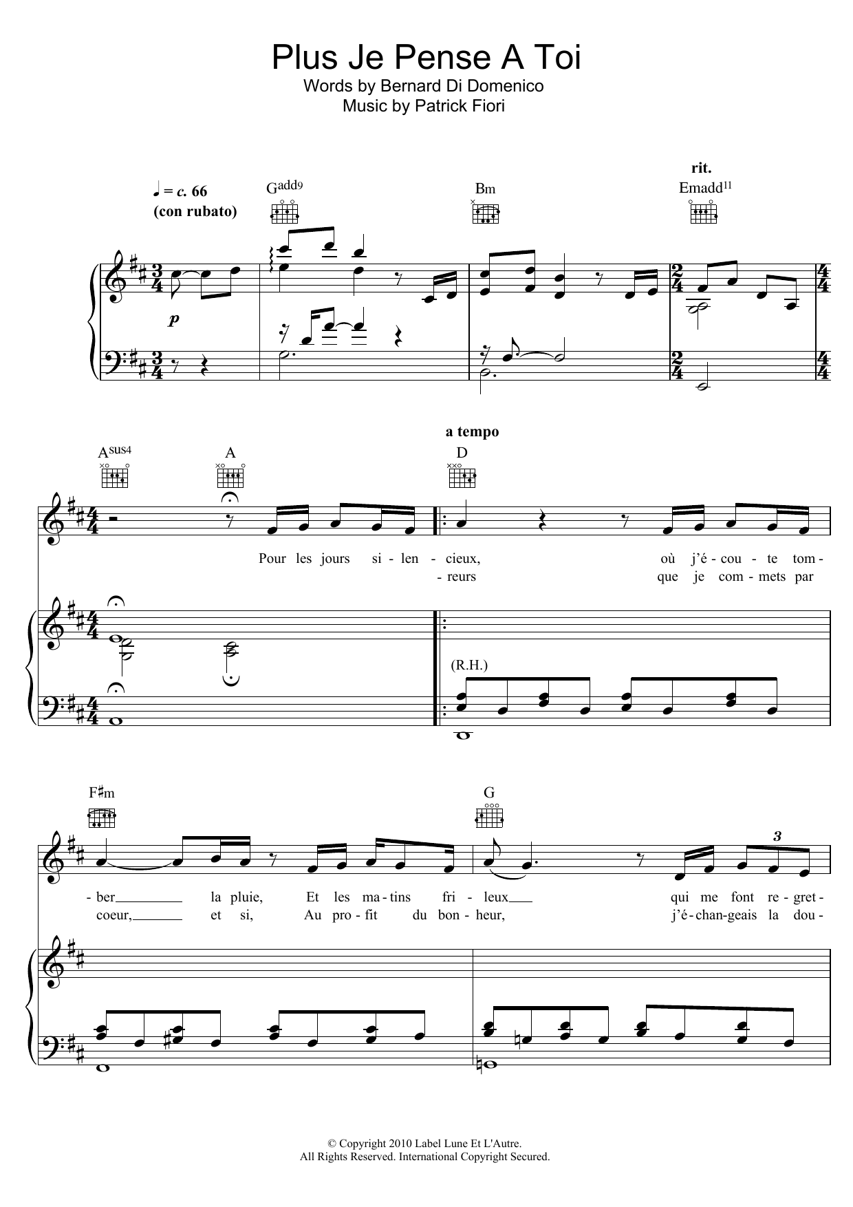 Download Patrick Fiori Plus Je Pense A Toi Sheet Music and learn how to play Piano, Vocal & Guitar Chords PDF digital score in minutes