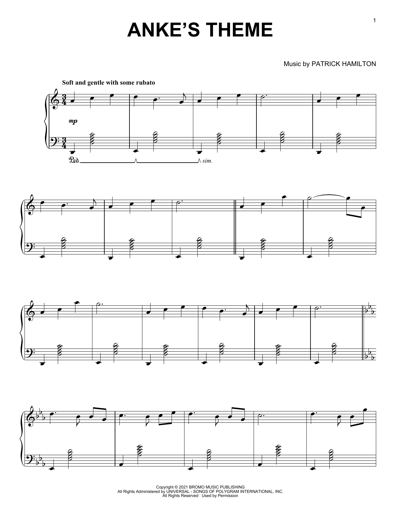 Download Patrick Hamilton Anke's Theme Sheet Music and learn how to play Piano Solo PDF digital score in minutes
