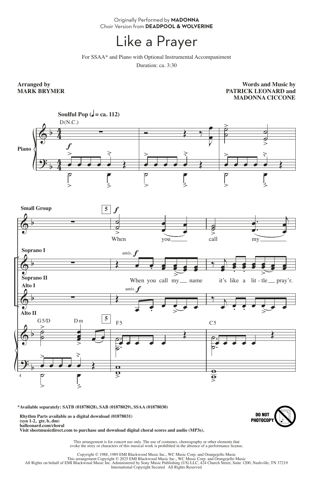 Download Patrick Leonard and Madonna Ciccone Like A Prayer (from Deadpool & Wolverine) (arr. Mark Brymer) Sheet Music and learn how to play SAB Choir PDF digital score in minutes