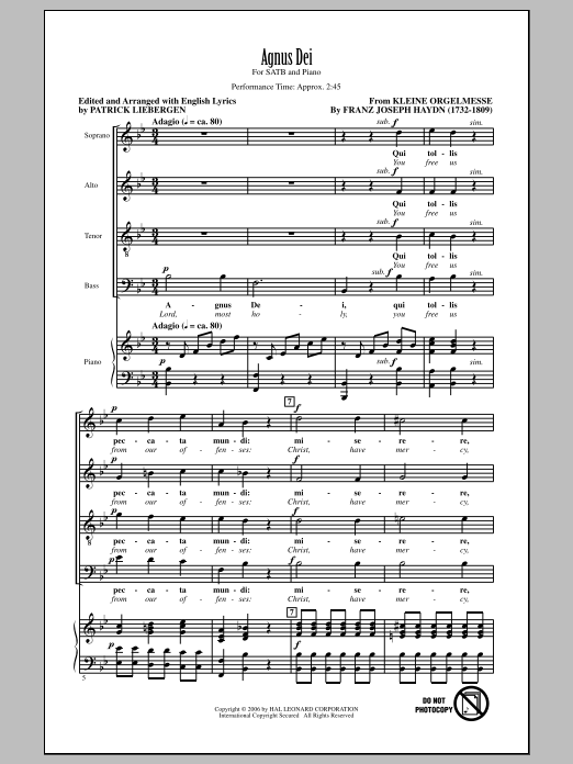 Download Franz Joseph Haydn Agnus Dei (arr. Patrick Liebergen) Sheet Music and learn how to play SATB PDF digital score in minutes
