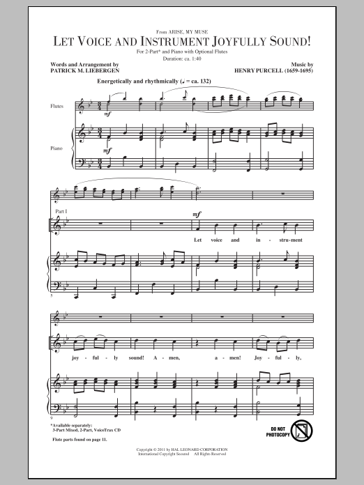 Download Henry Purcell Let Voice And Instrument Joyfully Sound! (arr. Patrick Liebergen) Sheet Music and learn how to play 2-Part Choir PDF digital score in minutes
