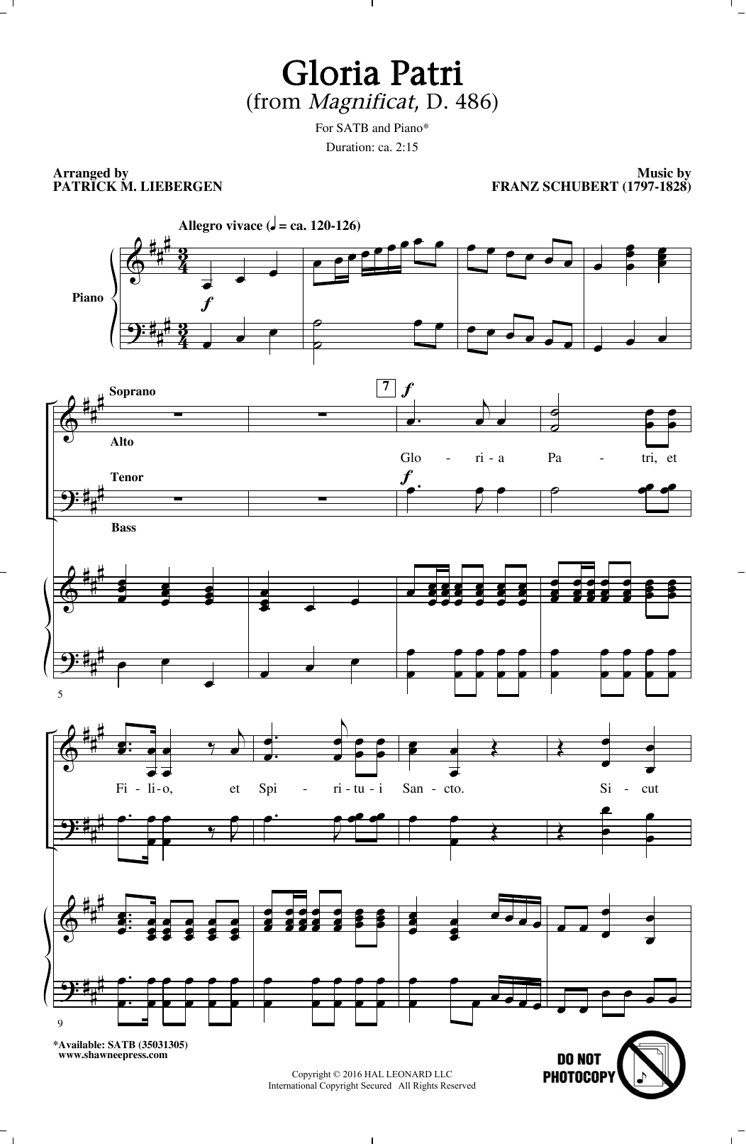 Download Franz Schubert Gloria Patri (arr. Patrick M. Liebergen) Sheet Music and learn how to play SATB PDF digital score in minutes