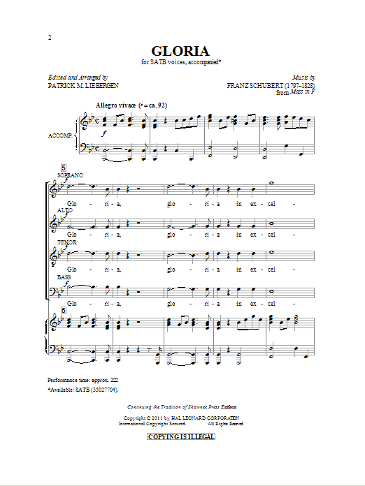 Download Franz Schubert Gloria (arr. Patrick M. Liebergen) Sheet Music and learn how to play SATB PDF digital score in minutes