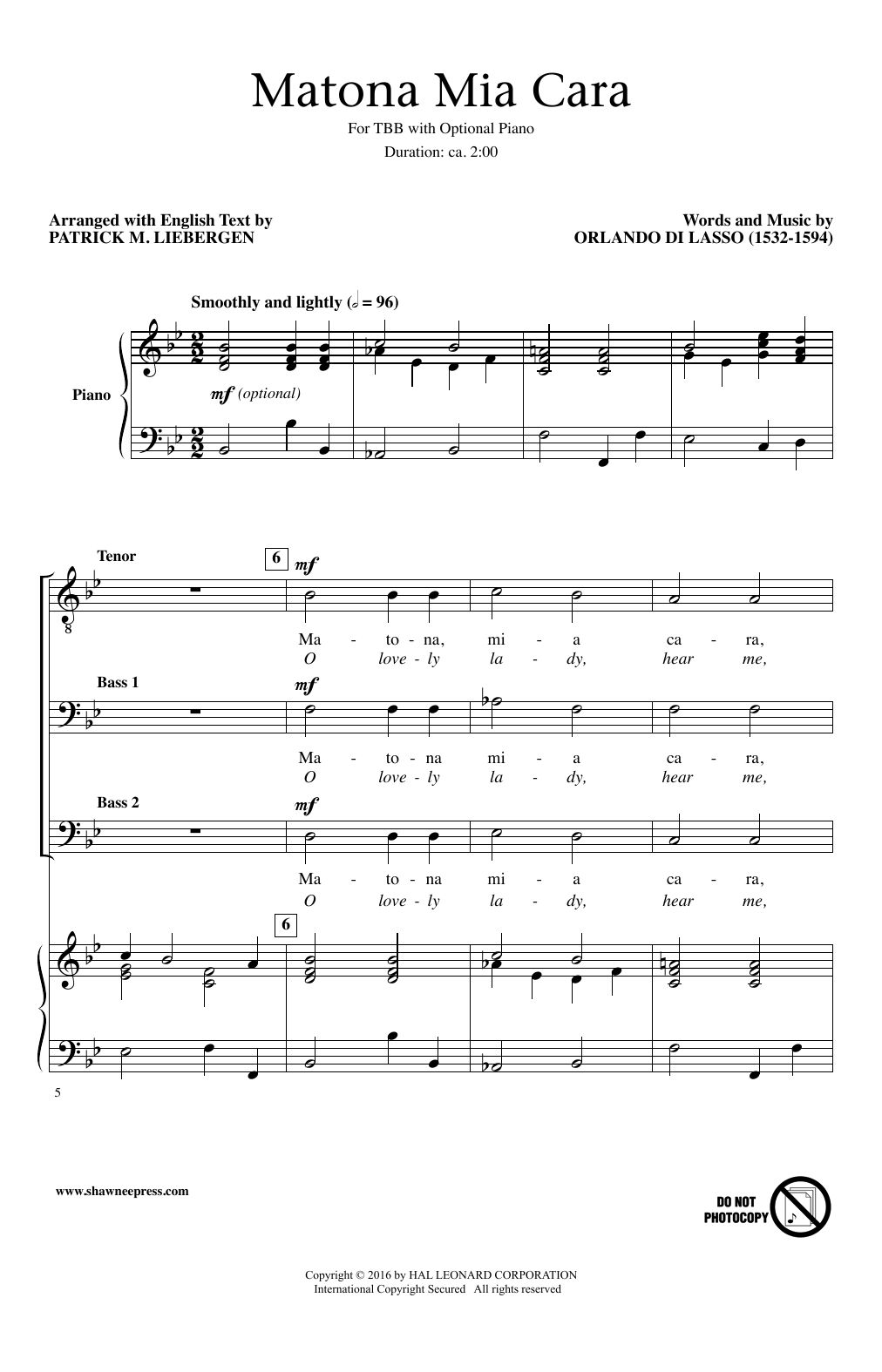 Download Patrick M. Liebergen Matona Mia Cara Sheet Music and learn how to play TBB PDF digital score in minutes