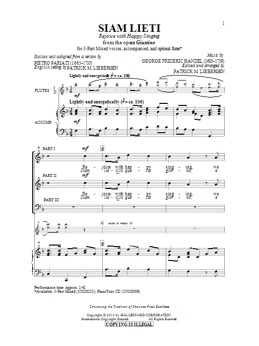 Download George Frideric Handel Siam Lieti (Rejoice With Happy Singing) (arr. Patrick M. Liebergen) Sheet Music and learn how to play 3-Part Mixed PDF digital score in minutes