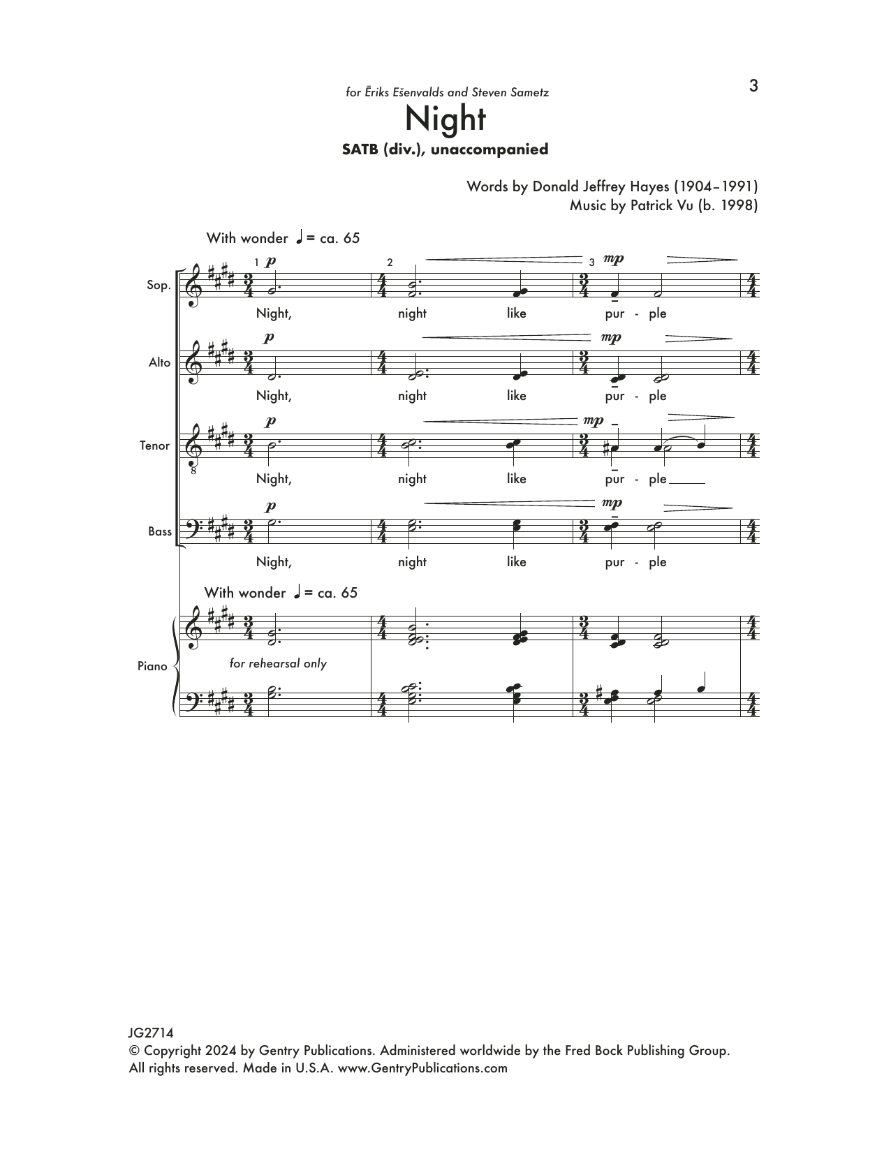 Download Patrick Vu Night Sheet Music and learn how to play SATB Choir PDF digital score in minutes