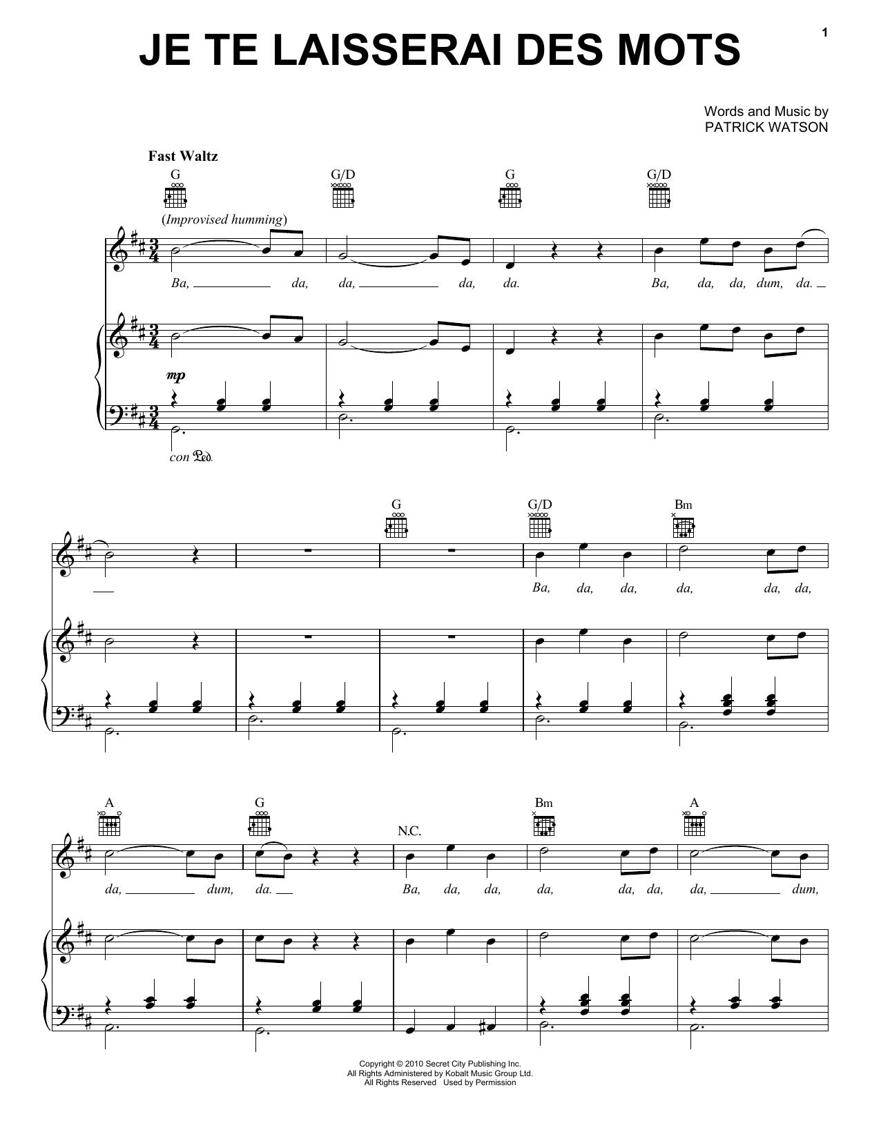 Download Patrick Watson Je Te Laisserai Des Mots Sheet Music and learn how to play Piano Solo PDF digital score in minutes