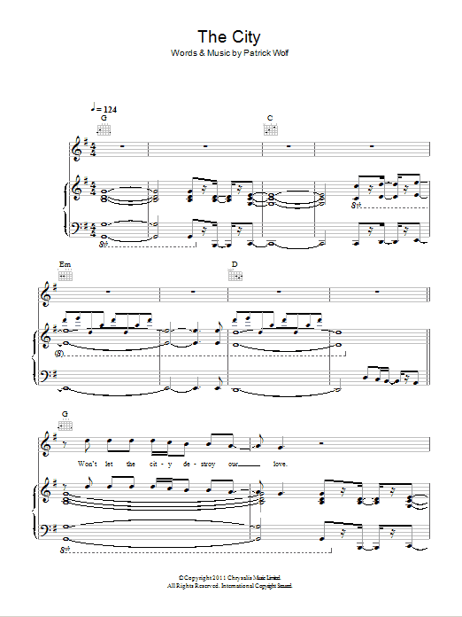 Download Patrick Wolf The City Sheet Music and learn how to play Piano, Vocal & Guitar (Right-Hand Melody) PDF digital score in minutes