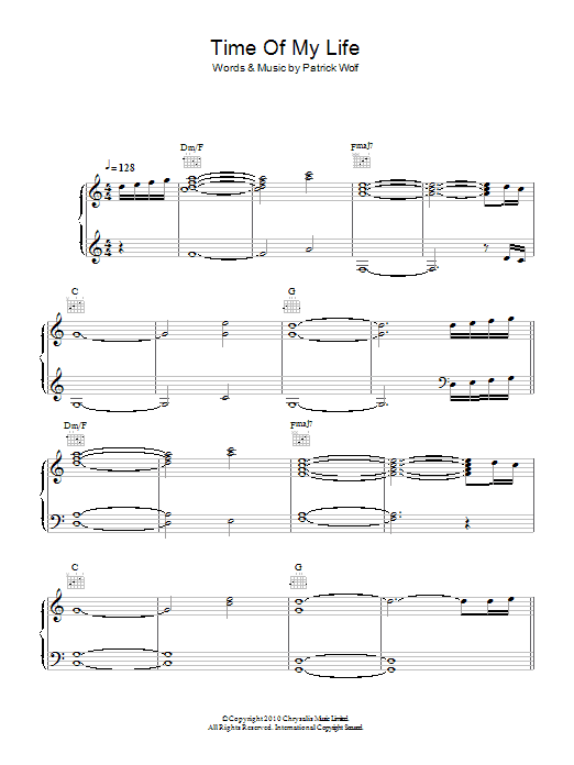 Download Patrick Wolf Time Of My Life Sheet Music and learn how to play Piano, Vocal & Guitar (Right-Hand Melody) PDF digital score in minutes