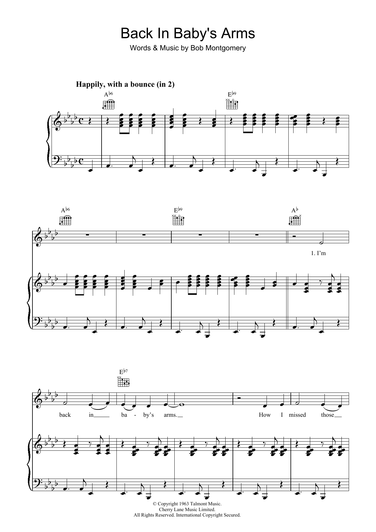 Download Patsy Cline Back In Baby's Arms Sheet Music and learn how to play Piano, Vocal & Guitar (Right-Hand Melody) PDF digital score in minutes