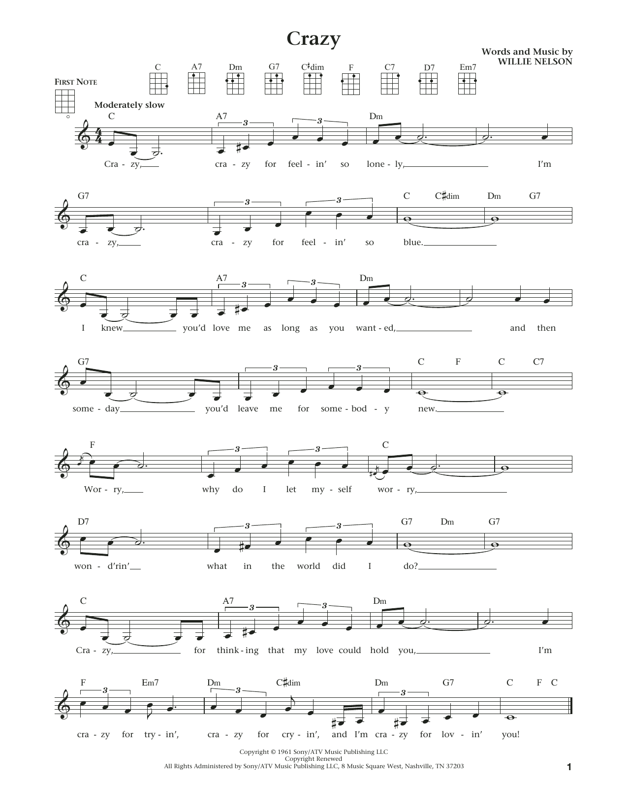 Download Patsy Cline Crazy Sheet Music and learn how to play Ukulele PDF digital score in minutes